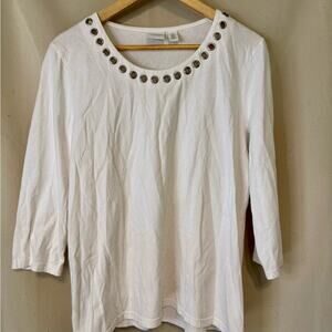 Chico's Weekend White 3/4 Sleeve Top with Embellished Grommet Neckline